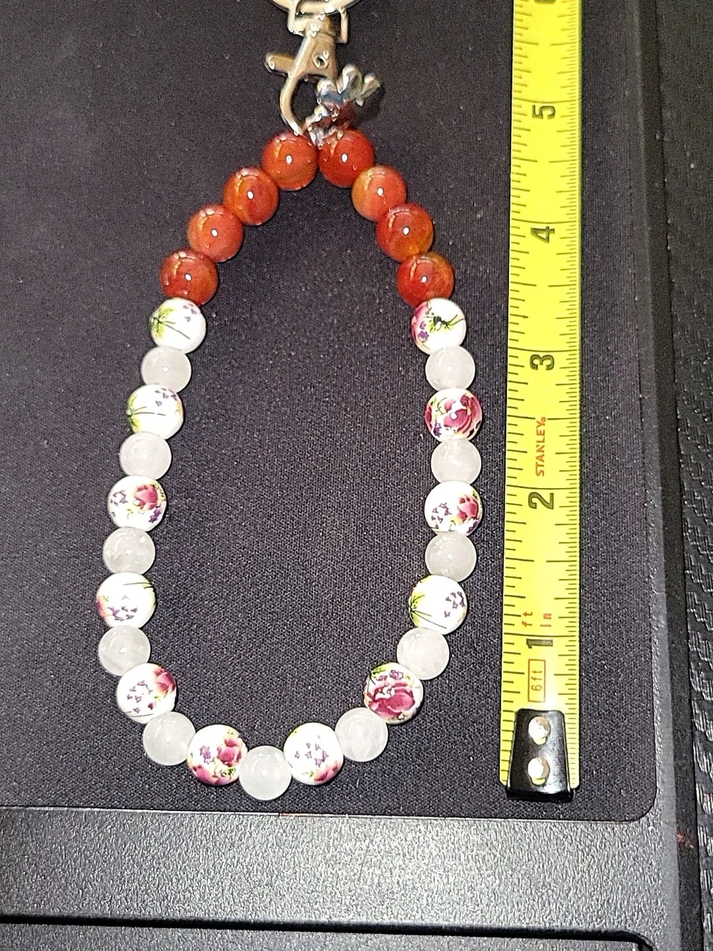 Handmade Beaded Wrist Phone Lanyard Floral Ceramic & Red Agate Style Keychain